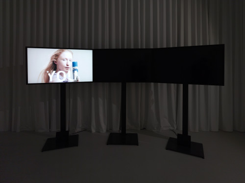 
     <i>Three Infomericals</i>, 
     2016<br />
     Three-channel HD video installation, colour, sound, 
      1:49 min<br />
     Exhibition view Julia Stoschek Collection, Berlin, Germany, 2016