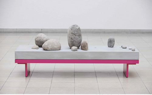 
     <i>Daybed #3</i>, 
     2013<br />
     Concrete, stone, coin, powder coated aluminum, 
      72 x 170 x 57 cm<br />
     
