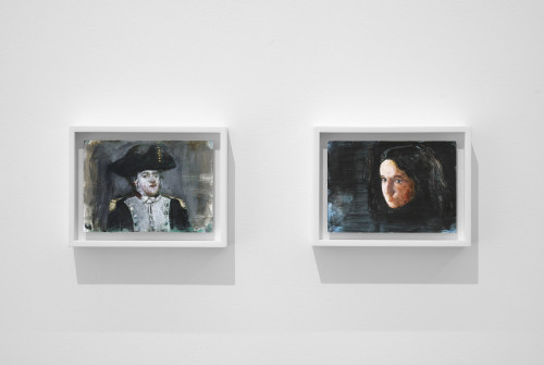 
     <i>General, 2021 (left); Ana, 2021 (right)</i>, 
     <br />
     Oil on postcard, 
      10,5 x 14,5 cm (each)<br />
     