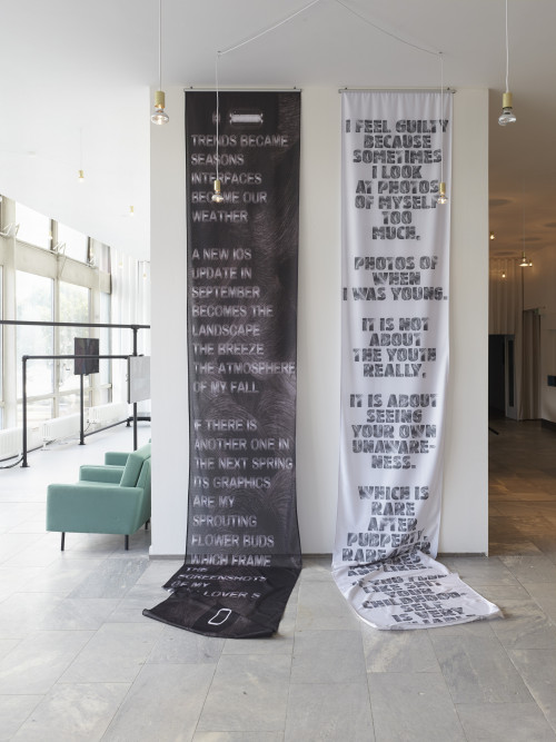 
     <i>In The Long Run</i>, 
     <br />
     Six inkjetprints on polyester, mesh and satin, 
     <br />
     Exhibition view Julia Stoschek Collection, Berlin, Germany, 2016