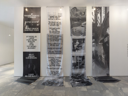 
     <i>In The Long Run</i>, 
     2016<br />
     Six inkjetprints on polyester, mesh and satin, 
     <br />
     Exhibition view Julia Stoschek Collection, Berlin, Germany, 2016