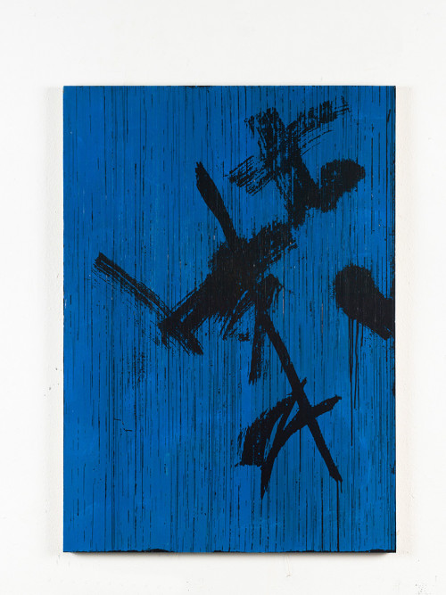 
     <i>Oh Himmel, strahlender Azur ((Bertold Brecht) in Gedanken an Peter Lang)</i>, 
     2014<br />
     cassette tape and acrylic paint on canvas, 
      129 x 92 cm<br />
     