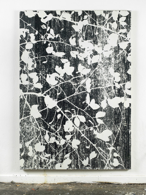 
     <i>Da blüht der Flieder (wenn es Mai ist) (Konstantin Wecker)</i>, 
     2014<br />
     cassette tape, adhesive tape, and acrylic paint on canvas, 
      222 x 156 cm<br />
     