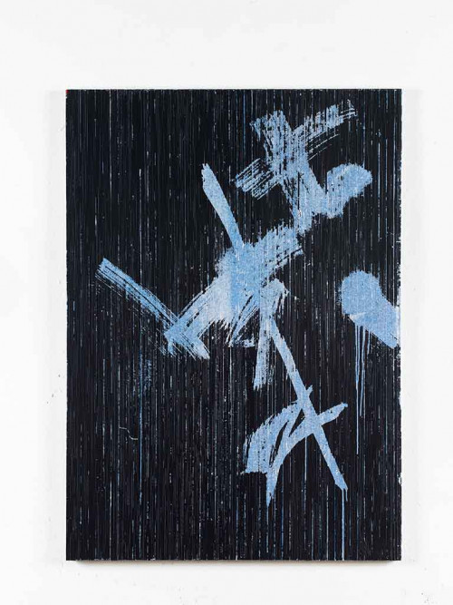 
     <i>(Von unerhörten Küssen naß) Vom Frost eisweißer Nacht zerrissen (Nach B. Brecht)</i>, 
     2014<br />
     cassette tape and acrylic paint on canvas, 
      129 x 92 cm<br />
     
