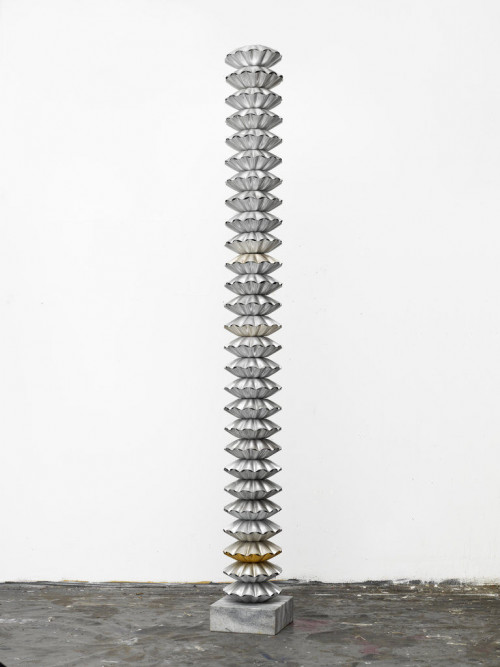 
     <i>Fine Art in Silver (Filme)</i>, 
     2012<br />
     compression-molded records, metal bar, marble plinth, 
      262 x 31 x 31 cm<br />
     