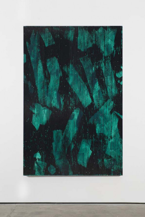 
     <i>Jade grün</i>, 
     2013<br />
     Cassette tape, acrylic and adhesive tape on canvas, 
      222 x 147 cm<br />
     