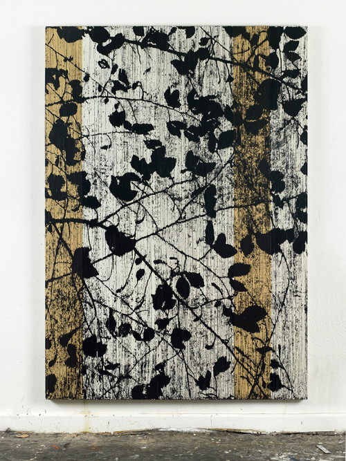 
     <i>Und doch läßt etwas Kirschen blühen im April (Konstantin Wecker)</i>, 
     2014<br />
     cassette tape and acrylic paint on canvas, 
      222 x 156 cm<br />
     