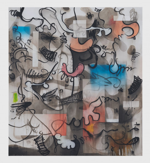 
     <i>Vielgestalt im Zwischenreich</i>, 
     2019<br />
     ink and acrylic and charcoal on canvas, 
      200 x 180 cm<br />
     
