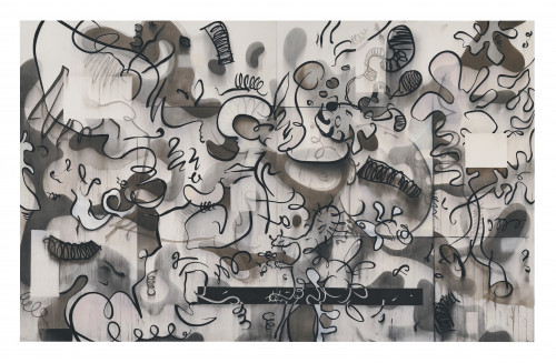 
     <i>Animierte Dinge und einige rationale Gedanken</i>, 
     2019<br />
     ink and acrylic and charcoal on canvas, 
      250 x 400 cm<br />
     