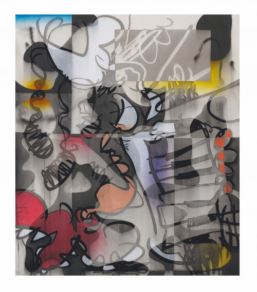 
     <i>Synth.Hor - Hobbymusiker (3)</i>, 
     2018<br />
     ink and acrylic on canvas, 
      140 x 120 cm<br />
     