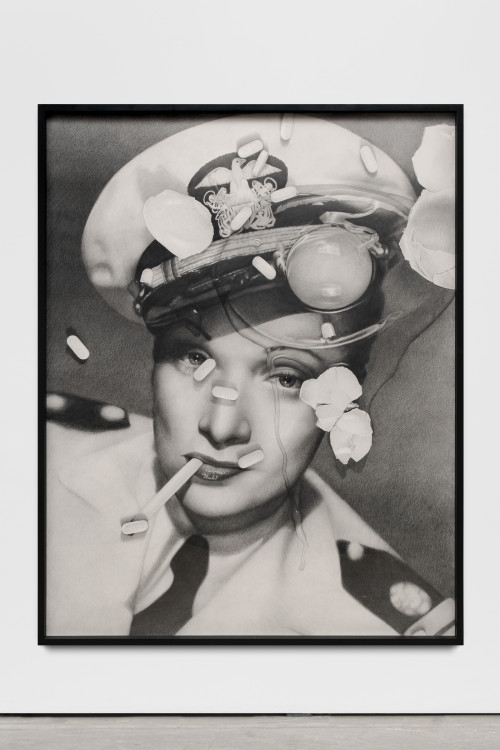 
     <i>Marlene Dietrich (with cracked egg and Zoloft)</i>, 
     2017<br />
     pencil on paper, 
      166 x 130 x 5 cm (framed)<br />
     