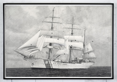 
     <i>Drawing of USCG Eagle With Sails Shot Out bymy father with a black powder revolver</i>, 
     2014<br />
     Pencil on paper with bullet holes, 
      81 x 117 cm (framed)<br />
     