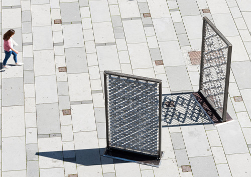 
     <i>Screen I–III</i>, 
     2016<br />
     Cobblestones, steel frames, stainless steel grid; 310 x 150 x 15 cm, 
      Installation, Kunstplatz Graben, Vienna, Austria, 2016 (Photo by Iris Ranziger)<br />
     