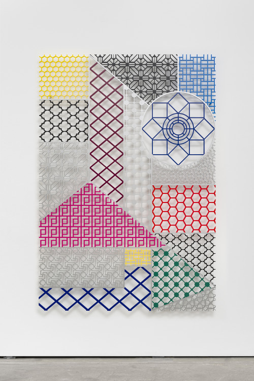 
     <i>Pattern Kinship [Musterverwandtschaft]</i>, 
     2016<br />
     Aluminium, 
      190 x 130 cm<br />
     Pattern Kinship [Musterverwandtschaft] showcases a diverse landscape of ornaments and patterns, which intentionally were used in different cultures as Venetian blinds to secure intimacy and privacy. As objects in space, detached of their original setting, they become exceptional/new elements of form, questioning human practices of protecting the private sphere. Aladağ has continuously worked on notion of social (in-)visibility and undermined a predetermined gaze on what is conceived as oriental and what is regarded as western. Her new series offers a juxtaposition of architectural forms that in reality could not have met, being from different geographical origins and from various times. Yet, as in her earlier „Pattern Matching“ series it is precisely and only in her works that a historically impossible blend of divers styles and forms generates a unique new hybrid.