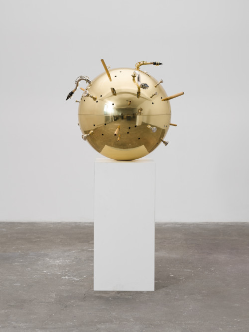
     <i>Resonator Wind</i>, 
     2019<br />
     brass, bamboo cane, mouthspieces of different wind instruments, various metals, 
      80 x 100 x 100 cm<br />
     