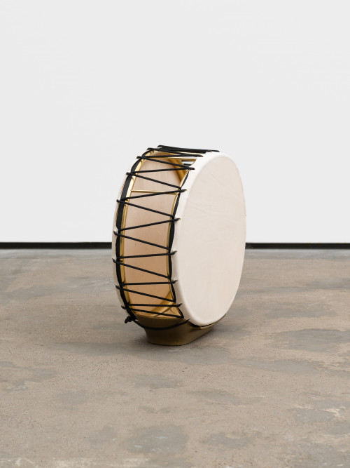
     <i>Umbrella Stand Drum (from the series Music Room, Berlin)</i>, 
     2015<br />
     Inspired by Art Deco produced in the 70s, metal, cow skin, rope, 
      47 x 48 x 19 cm<br />
     