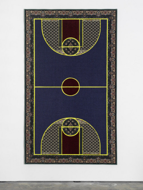 
     <i>Pattern Matching Blue</i>, 
     2010<br />
     Kilims from Afghanistan, Iran and Turkey; hand-woven carpets from Iraq and India & industrially knotted carpets from Germany and China, 
      256 x 150 cm<br />
     “Pattern Matching” brings together the seemingly disparate subjects of basketball, the famous American athletic export, and Oriental carpets, probably the most successful commercial product in the world that originates from the Middle East. Setting differences aside, lets consider these two incommensurable categories—the game and the object of everyday use—as two cultural expressions, in order to make the matching of their respective patterns possible and productive. Aladağ densely filled her carpets with a collage of ornamentation while respecting the lines and color fields that define the borders and mark important points on a basketball court. The artist proposes that we consider such patterns in the widest possible sense, going beyond their visual appearance: thus, they conjure conflicting patterns of behavior, opposing lifestyles and mutually exclusive rules that give shape to social and political realities of our supposedly globalized world and its distinctly local manifestations. By overlapping or “matching” the patterns that belong to different semantic orders— that of the “Western” game and the “Oriental” ornament—Aladağ produces a soft clash of meanings. The resulting hybrid objects, made of cut-out parts of existing carpets that are produced anywhere from Maghreb to China, Germany to Iraq, serve as evidence of conflicting ways of being and reveal patterns that don't match: mass event versus domesticity, action versus leisure, professional athletic games dominated by men versus women's domestic work, entertainment (as a secular religion) versus religion itself, the US versus the “rogue” states (that produce carpets) and perhaps even war versus peace... Each carpet displays a unique composition of colors and ornament, though the basic linear structure on which the colors and patterns are laid out remains the same for each piece. Meanings change, it seems, but the patterns still match, somehow. (excerpt from the text by Adam Szymczyk).