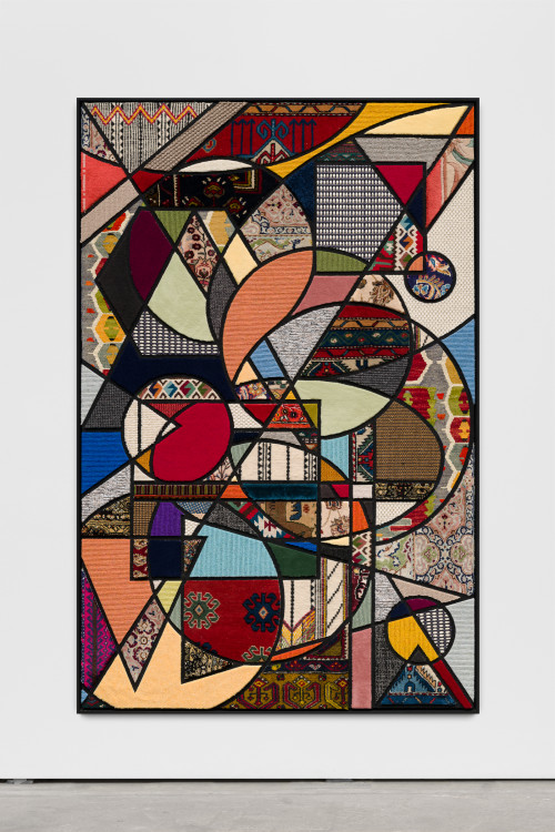 
     <i>Social Fabric, cosmos</i>, 
     2018<br />
     carpet pieces on wood, 
      172 x 116 x 6 cm<br />
     