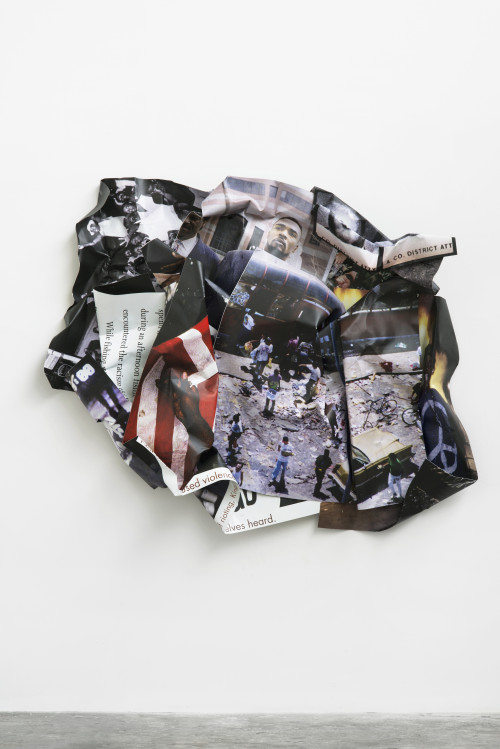 
     <i>L.A. Riots (Rodney King)</i>, 
     2014<br />
     aluminium, stainless steel, digital print, 
      185 x 217 x 35 cm<br />
     