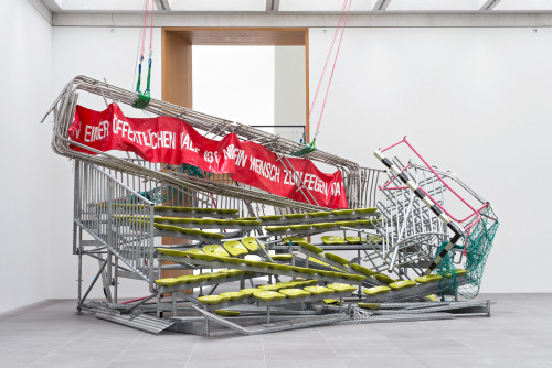 
     <i>Auf Wiedersehen</i>, 
     1996<br />
     aluminium, steel, plastic, PVC-foil, 
      370 x 650 x 620 cm<br />
     Exhibition view at Neues Museum, Nuremberg, Germany, 2015