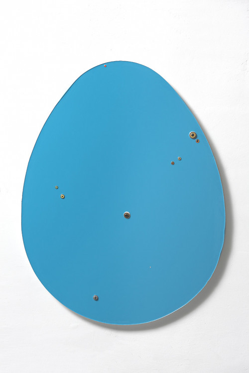 
     <i>Untitled (egg / turquoise)</i>, 
     2016<br />
     epoxy, glass on wood, 
      140 x 109 x 7 cm<br />
     
