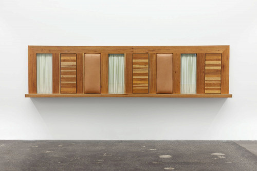 
     <i>Untitled</i>, 
     1990<br />
     wood, glass, leather, fabric, 
      112 x 450 x 35 cm<br />
     