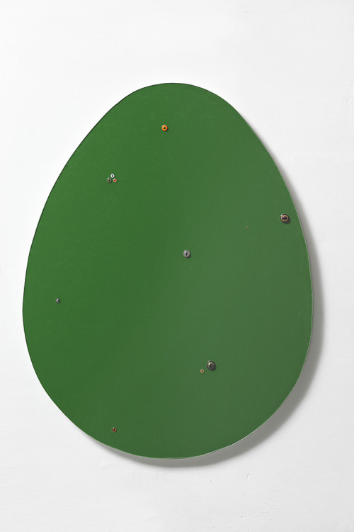 
     <i>Untitled (egg / dark green)</i>, 
     2016<br />
     epoxy, glass on wood, 
      140 x 109 x 7 cm<br />
     