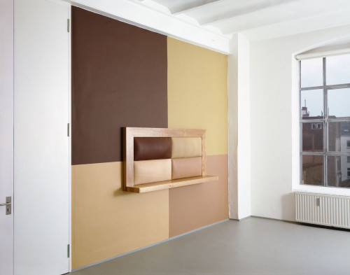 
     <i>Untitled</i>, 
     1993<br />
     wood, leather, wallpainting, 
      98 x 210 x 35 cm (shelf)<br />
     