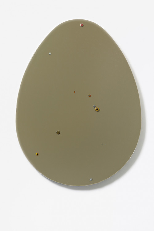 
     <i>Untitled (egg / greenish-brown)</i>, 
     2015<br />
     epoxy, glass on wood, 
      140 x 109 x 7 cm<br />
     