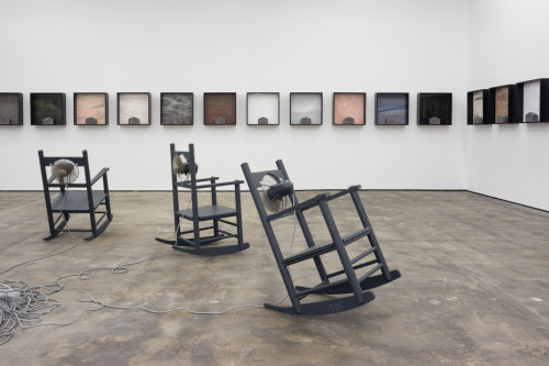 
     
     <i>Außer Atmen (Breathless)</i>,      1989/95/96<br />
     7 kinetic rocking chairs, 
      Video by Trevor Good<br />
     Exhibtion view 'Die Welt im Wohnzimmer`, WENTRUP, Berlin, Germany, 2017 