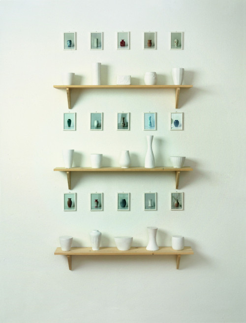 
     <i>Form und Inhalt (15 x 1 Liter) (form and content)</i>, 
     1982/1992<br />
     plaster, wood, photo, 
      9 – 28,5 cm high (flower vases), 15 x 10 cm (photos), 19,8 x 120 x 19,8 cm (shelves)<br />
     