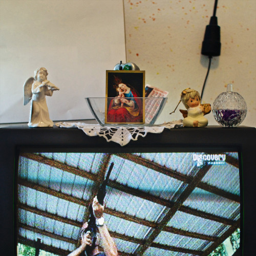 
     <i>Die Welt im Wohnzimmer: Das Fernsehgerät als Sockel und Hausaltar (The World at Home. The TV as plinth and house altar)</i>, 
     2001/09<br />
     Series of 50 color photographies, 
      52 x 52 cm<br />
     Detail