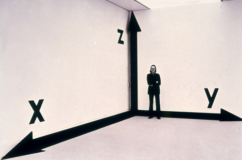 
     <i>Raum-Koordinaten-Raum</i>, 
     1973/75<br />
     paint, adhesive foil, 
      dimensions variable<br />
     installation view LWL – Landesmuseum für Kunst und Kultur, Münster, Germany, 1975