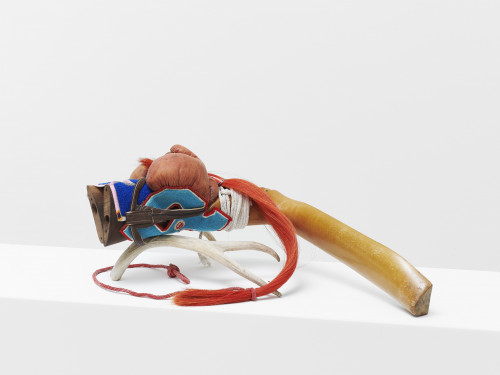
     <i>Stick-Horse</i>, 
     2021<br />
     Wood, horsehair, leather, rope, chenille, beads, tape, deer antler, 
      30 x 80 x 30 cm<br />
     