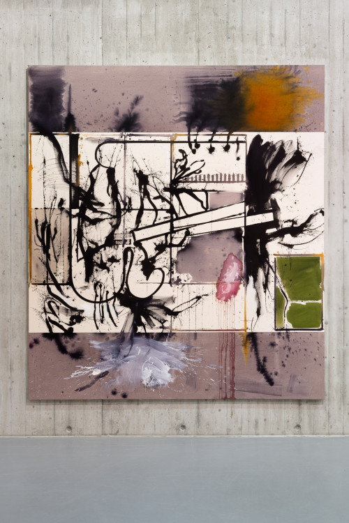 
     <i>BigDataCorrupter</i>, 
     2023<br />
     Ink, acrylic and oil paint on canvas, 
      260 x 230 cm<br />
     Exhibition view Jan-Ole Schiemann – WAH WAH, Neue Galerie Gladbeck, DE, 2023/2024
