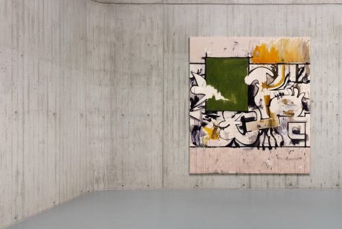 
     <i>SyntaxErrorRandomizer</i>, 
     2023<br />
     Ink, acrylic and oil paint on canvas, 
      260 x 230 cm<br />
     Exhibition view Jan-Ole Schiemann – WAH WAH, Neue Galerie Gladbeck, DE, 2023/2024