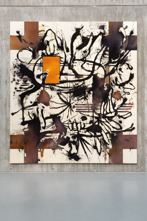
     <i>Bloom&Glow</i>, 
     2023<br />
     Ink, acrylic and oil paint on canvas, 
      300 x 270 cm<br />
     Exhibition view Jan-Ole Schiemann – WAH WAH, Neue Galerie Gladbeck, DE, 2023/2024