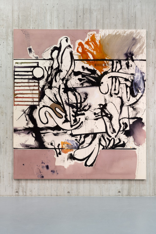 
     <i>ContourBoost&Wust</i>, 
     2023<br />
     Ink, acrylic and oil paint on canvas, 
      260 x 230 cm<br />
     Exhibition view Jan-Ole Schiemann – WAH WAH, Neue Galerie Gladbeck, DE, 2023/2024