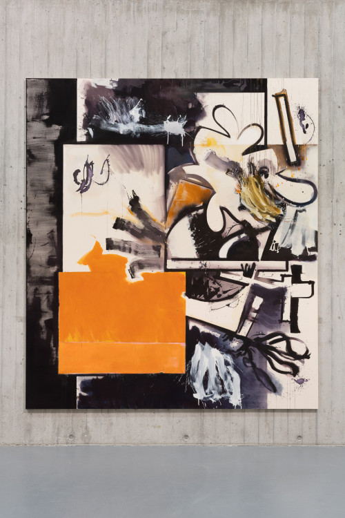 
     <i>NucleusOverdrive</i>, 
     2023<br />
     Ink, acrylic and oil paint on canvas, 
      260 x 230 cm<br />
     Exhibition view Jan-Ole Schiemann – WAH WAH, Neue Galerie Gladbeck, DE, 2023/2024