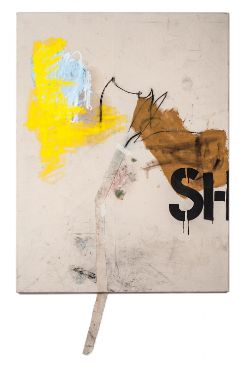 
     <i>and she likes everyone</i>, 
     2019<br />
     Oil, oil stick, charcoal, olive oil, fabric, glue, dirt on canvas, 
      200 x 152<br />
     