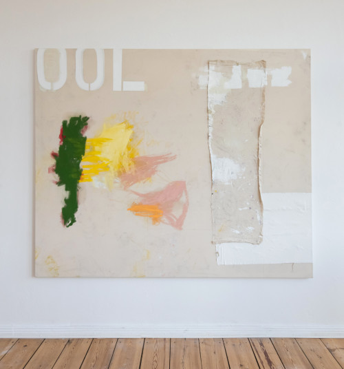 
     <i>coolfoolpool</i>, 
     2019<br />
     Oil, oilstick, spray paint, olive oil, fabric on canvas, 
      230 x 190 cm<br />
     