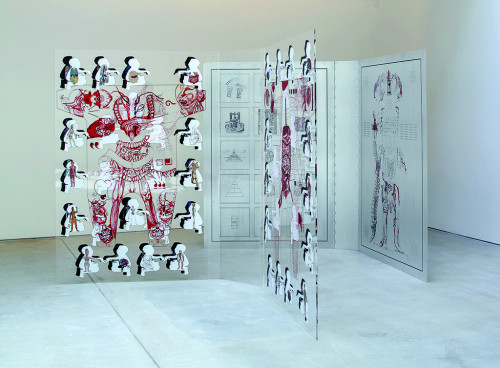 
     <i>Open Book: Vessel Veins</i>, 
     <br />
     “Methods of Inscription: bodies Ink“, 2013, in collaboration with Genghis Khan Fabrication Co., screen print on aluminium, 
      3 m x 1,5 m x 2 m<br />
     Installation View, “Mapping the Body”, Galerie im Taxispalais, Innsbruck 2016. Photo: Rainer Iglar