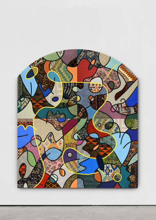 
     <i>Social Fabric, Arch</i>, 
     2023<br />
     Collage with carpets of different origin and material on wood, 
      312 x 272 x 4 cm<br />
     