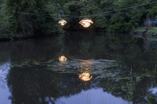 
     <i>Color Floating 1 & Color Floating 2</i>, 
     2020<br />
     Various metals, colored nylon stockings, LED wire, 
     <br />
     Installation view 'Lichtparcours', Braunschweig, Germany, 2020
