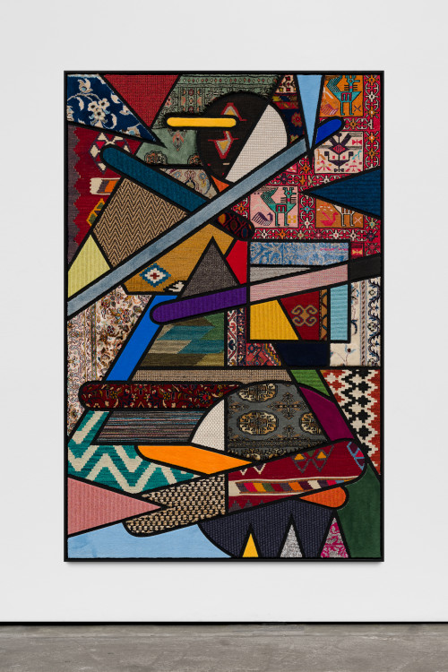 
     <i>Social Fabric, Percussion</i>, 
     2019<br />
     carpet pieces on wood, 
      172 x 112 x 5 cm<br />
     