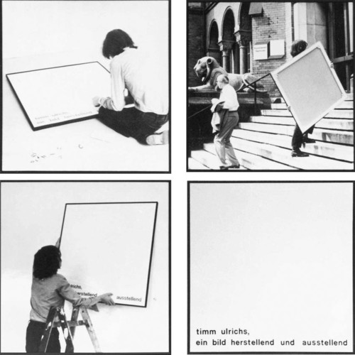 
     <i>Timm Ulrichs, ein Bild herstellend und ausstellend (5-8)</i>, 
     <br />
     7 black /white photographs on canvas, one white painted canvas with sticky letters, 
      102 x 102 cm<br />
     How to Make a Painting (1967/73)