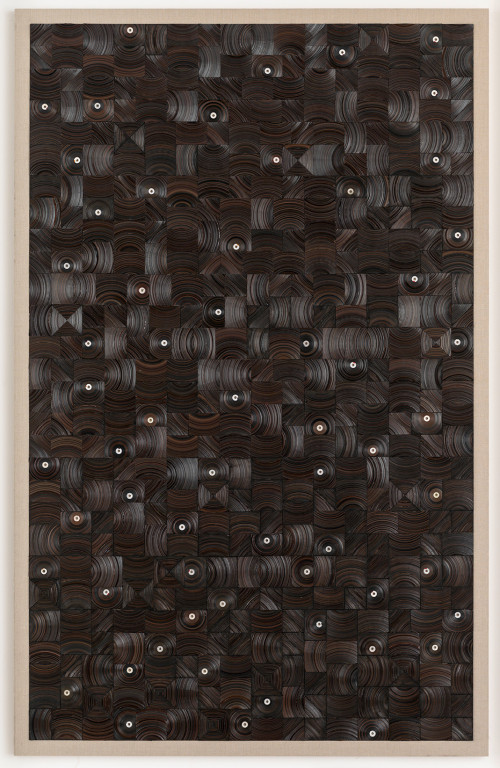 <i>und dann auf Sterne sehn</i>, 2015<br />cassette tape, cassette wheels and canvas on wood, 274 x 174 cm<br />