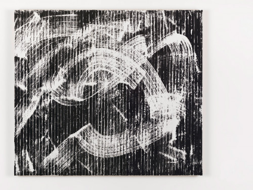 <i>Weißes R. Daniëls Bild (in der Reihe - Orphische Schatten (Orpheus + Eurydike (Gluck))</i>, 2015<br />cassette tape, adhesive tape and acrylic paint on canvas, 107 x 122 cm<br />