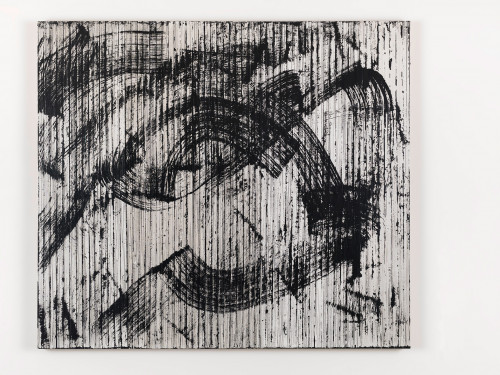 <i>Dunkles R. Daniëls Bild (Orpheus + Eurydike (Gluck))</i>, 2015<br />cassette tape and acrylic paint on canvas, 107 x 122 cm<br />