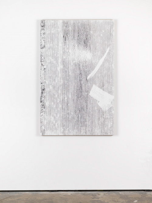 <i>An Stelle des Fensters (Orpheus und Eurydike – Gluck (Orphische Schatten))</i>, 2015<br />cassette tape, adhesive tape and acrylic paint on canvas, 145 x 95 cm<br />